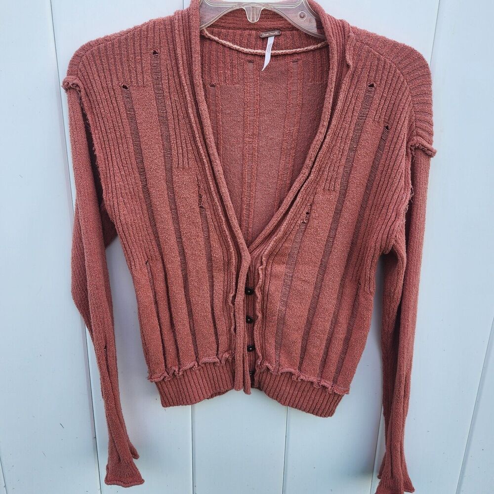 Free People Stevie Distressed V Neck Button Front Cardigan Rose Hips Com… - Picture 2 of 10